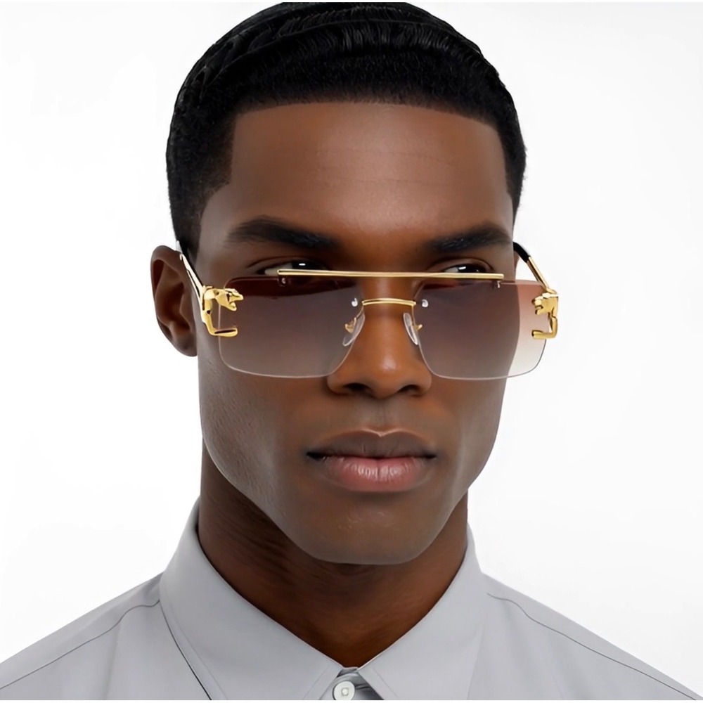 Frame Less Sunglasses for Men Women, Gold Frame, Square, Brown Gradient Lens New